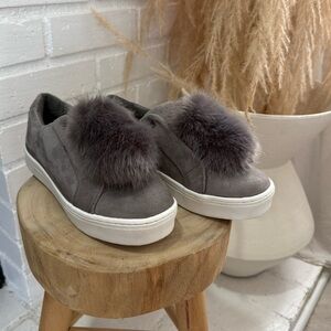 Sam Edelman Leya Faux Fur Pom-Pom Slip-On Sneakers in Gray Suede
